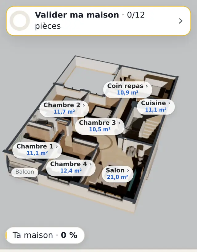 La maison exemple en 3D sur téléphone, chaque pièce avec sa surface.