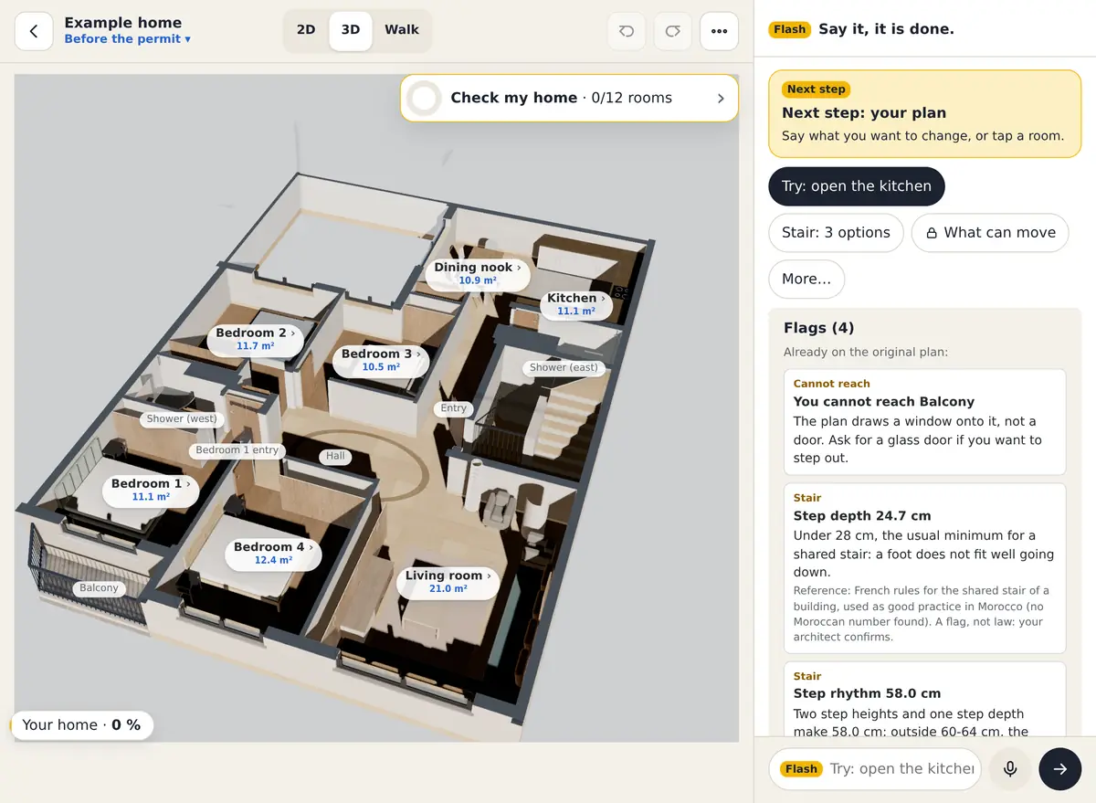 A floor plan in 3D on a laptop, each room with its area, the plan’s flags on the right.