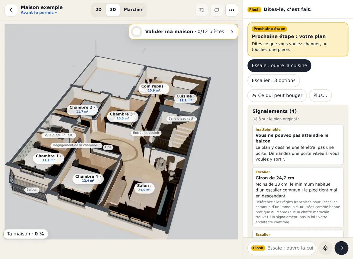 Un plan en 3D sur ordinateur, chaque pièce avec sa surface, les signalements du plan à droite.
