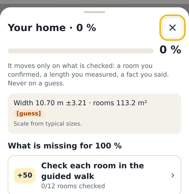 The meter sheet: Your home 0 %, width 10.70 m ±3.21 marked [guess], and what is missing for 100 %: check each room in the guided walk, +50.