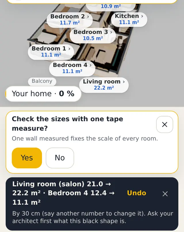 The reply after “make the living room bigger”: Living room 21.0 to 22.2 m², Bedroom 4 12.4 to 11.1 m², an Undo button, and a card asking to check the sizes with one tape measure.