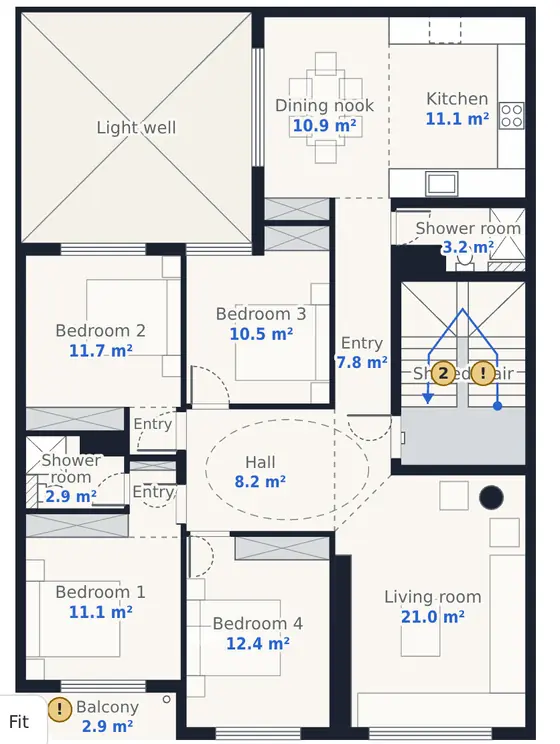 The example home as a 2D plan, each room with its area.