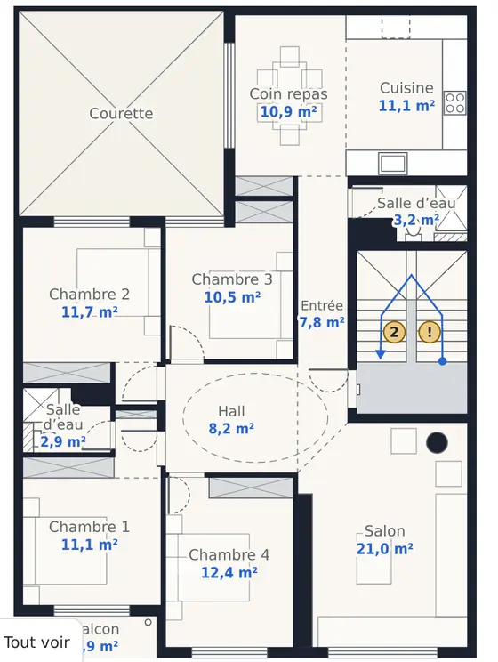 La maison exemple en plan 2D, chaque pièce avec sa surface.